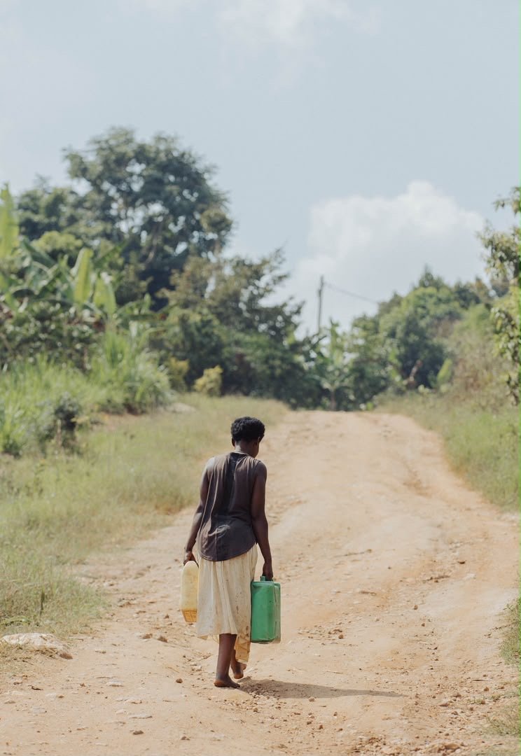 A woman walking uphill with two water containers
